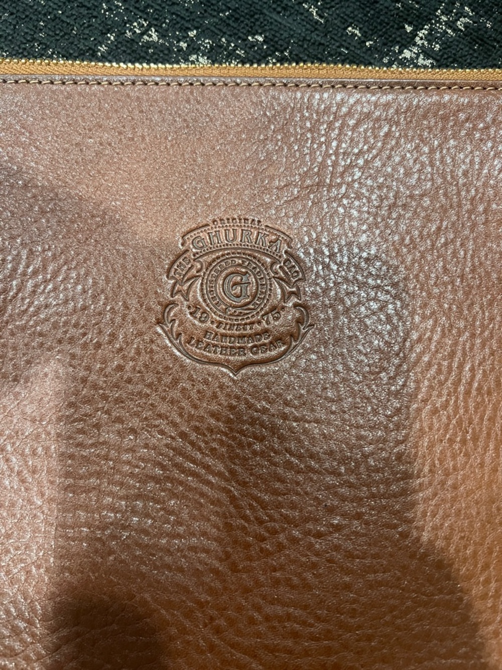 Ghurka Chestnut Pebbled Leather Pouch with Gold Zipper